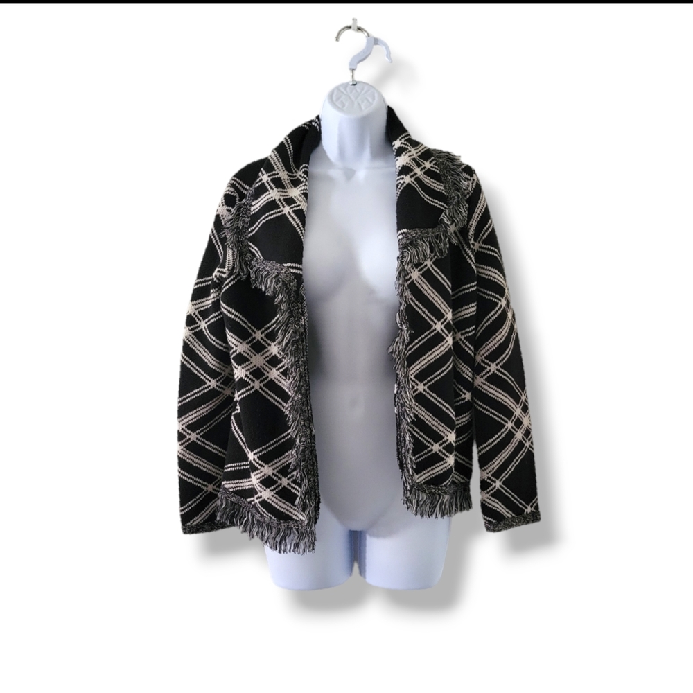 Chico's | Boho Black/White Open Front Fringe Knit Cardigan